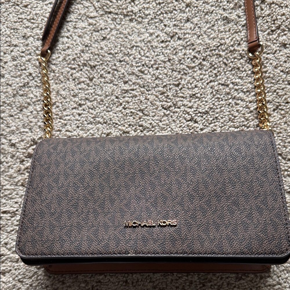 Michael Kors Brown and Gold Logo Crossbody Wallet